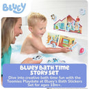 Blueys House Bath Stickers by Toomies, featuring a child playing in a bathtub with colorful, adhesive characters.