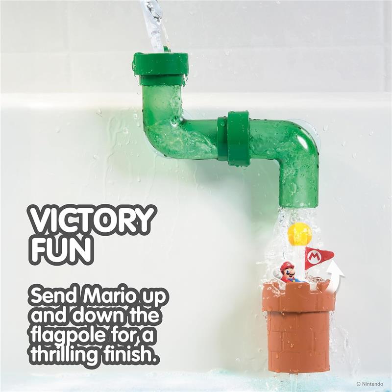 Toomies My Mario Bath Pipes Playset features a green pipe releasing water, with a Mario figure ascending a flagpole in a brown pipe.