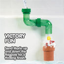 Toomies My Mario Bath Pipes Playset features a green pipe releasing water, with a Mario figure ascending a flagpole in a brown pipe.