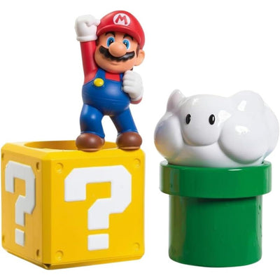 Toomies My Mario Pour & Nest Bath Toy featuring a Mario figure atop a yellow question block and a green pipe with a white cloud.