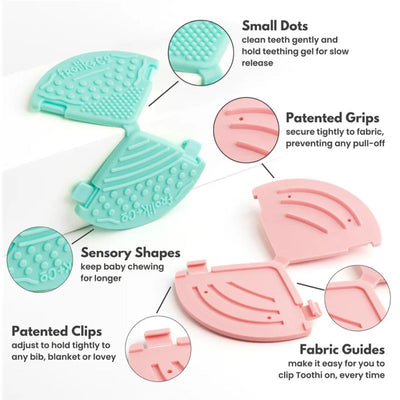 Teether clip named Toothi in papaya color, featuring sensory shapes, small dots, and patented grips for easy attachment to fabric.