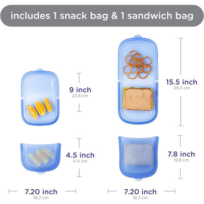 Reusable silicone storage bags in Polaris Blue, including dimensions for one snack bag and one sandwich bag.