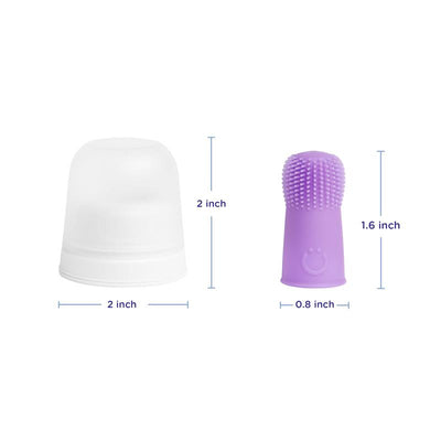 Baby silicone finger toothbrush in purple with a storage case, showing size dimensions of 2 inches and 1.6 inches.