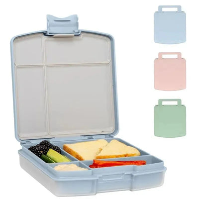 Bento lunch box for kids in cloudy blue, featuring four compartments with food items like sandwiches, cucumbers, and berries.