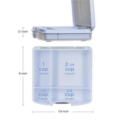 Bento lunch box for kids in cloudy blue, featuring multiple compartments with cup measurements labeled.