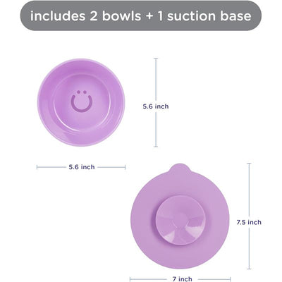 Bowls set in Smoothie Purple includes 2 bowls and 1 suction base, with measurements of 5.6 inches and 7.5 inches.
