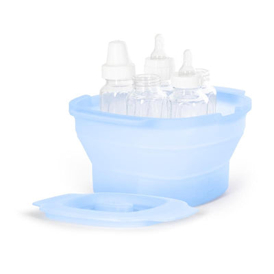 Collapsible blue microwave steam sterilizer containing baby bottles, designed for convenient sterilization.