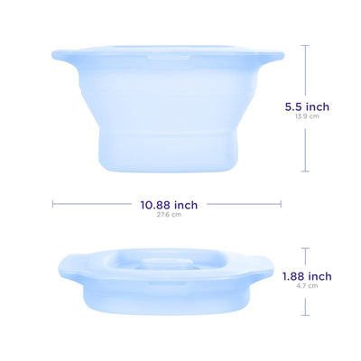 Collapsible blue microwave steam sterilizer for baby bottles, measuring 10.88 x 5.5 x 1.88 inches.