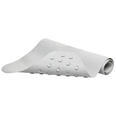 Cushioned gray non-slip bath mat for babies, featuring a textured surface with round grips for safety in the tub.