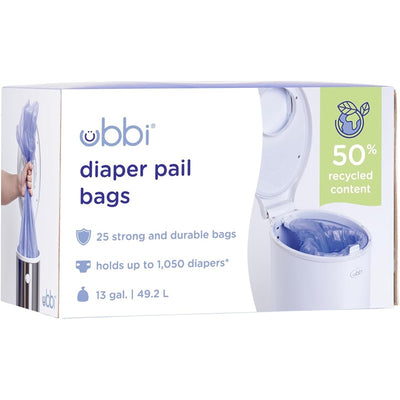 Ubbi diaper pail bags; 25 count, 13-gallon capacity, designed to hold up to 1,050 diapers, made with 50% recycled content.
