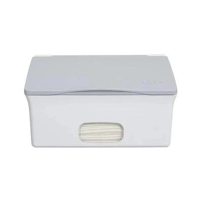 Ubbi flushable wipes dispenser in white and grey, featuring a visible slot for easy access to wipes.