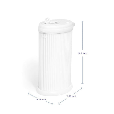 Ubbi Fluted Stainless Steel Diaper Pail in White, measuring 19.5 inches tall, with dimensions along the base shown.