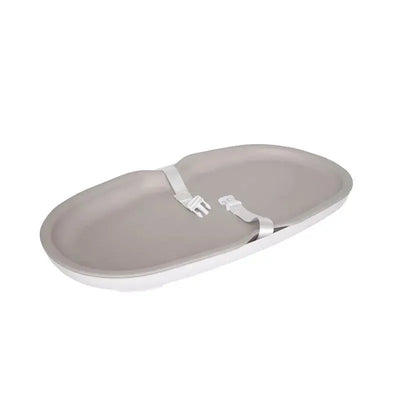 Lightweight, waterproof taupe changing pad with a secure white strap for safety and comfort.
