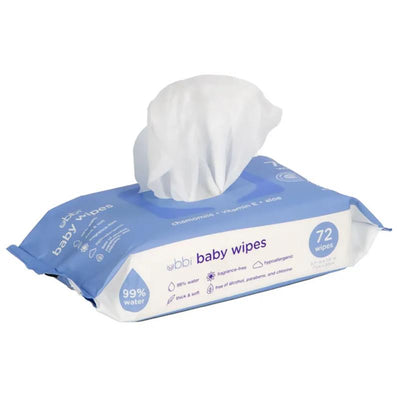 Fragrance-free Ubbi baby wipes pack with a visible wipe, containing 72 wipes, 99% water, and hypoallergenic ingredients.