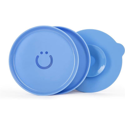 Suction plate set for babies and toddlers, featuring a smiley face design, in Polaris blue, includes two plates.