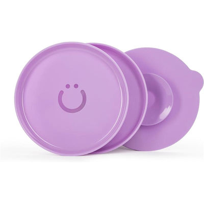 Plate set for babies and toddlers in Smoothie Purple, featuring two plates with a smiley face design and interchangeable suction base.