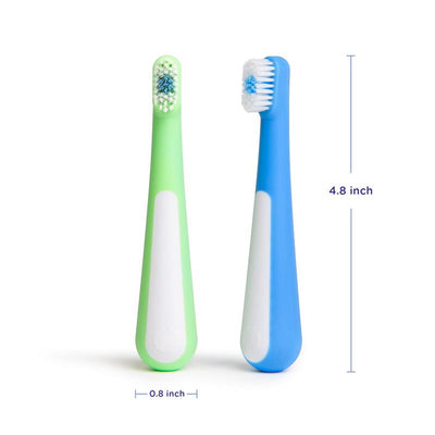 Toddler training toothbrush set in green and blue, 4.8 inches long, designed for effective, gentle cleaning.