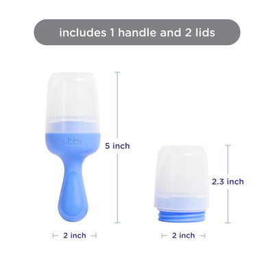 Ubbi Smoothie Blue Baby Food Feeder Set with one handle and two lids, measuring 5 inches and 2.3 inches tall.