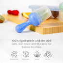 Ubbi Smoothie Purple Baby Food Feeder with a silicone pod on a wooden surface, showcasing fruit and key product features.