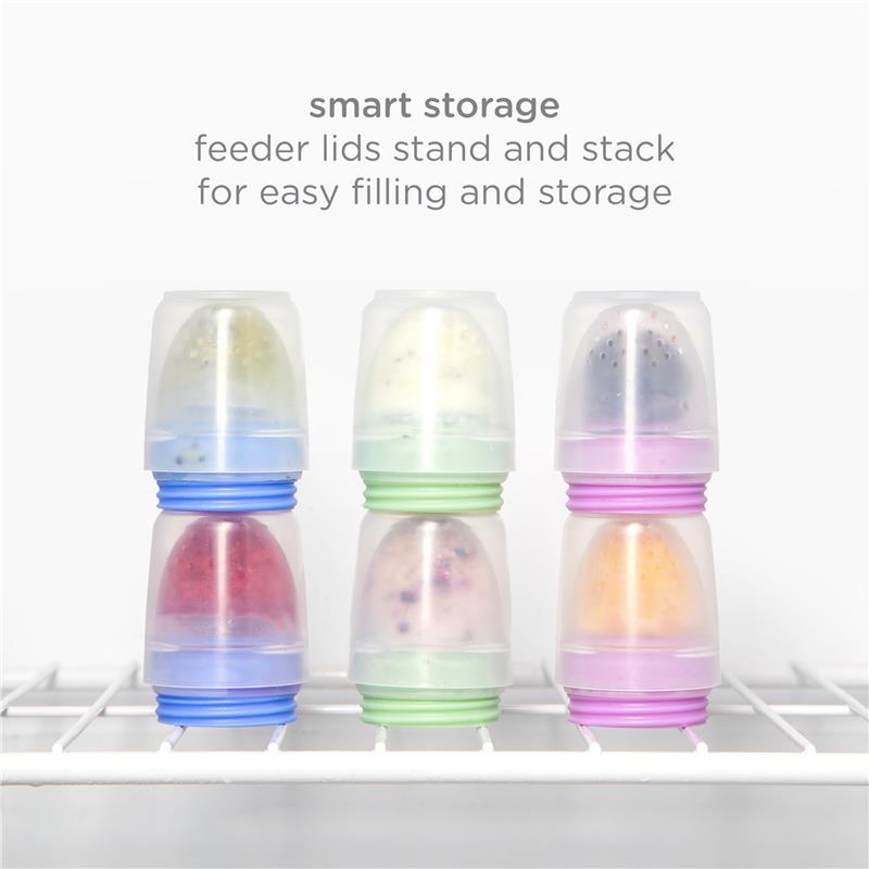 Ubbi Smoothie Purple Baby Food Feeder Set with stackable, colorful feeding containers on a shelf, showcasing smart storage.