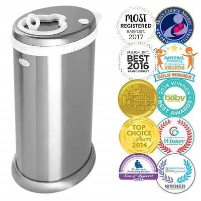 Steel diaper pail in chrome finish with odor-locking lid, accompanied by multiple award badges.