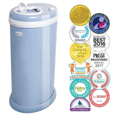 Steel odor-locking diaper pail in cloud blue with a top lid and various award seals displayed alongside.