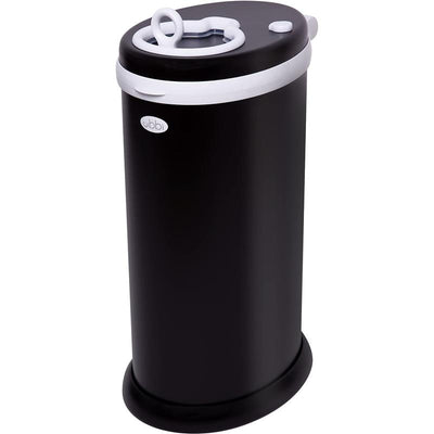 Ubbi matte black steel diaper pail with an odor-lock mechanism, no special bag required, featuring a round top opening.