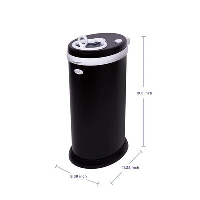 Matte black Ubbi steel diaper pail with dimensions labeled: 19.5 inches tall, 11.38 inches wide, 8.38 inches deep.