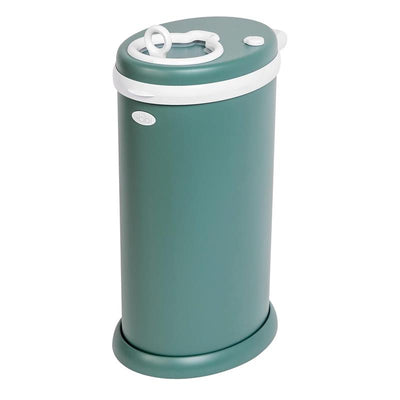 Ubbi Steel Diaper Pail in green with odor-locking design, no special bag required, featuring a circular opening on top.