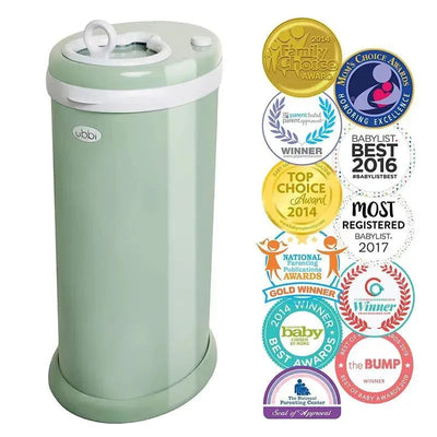 Ubbi Steel Odor Locking Diaper Pail in sage green, featuring award badges highlighting its accolades and recognition.