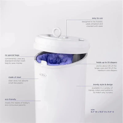 Ubbi Steel Odor Locking Diaper Pail in white, features an open lid with a blue bag, designed for easy use and made of eco-friendly steel.