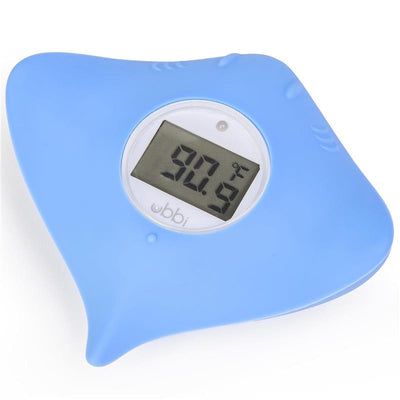 Floating blue silicone baby bath thermometer with a digital display showing 90.5°F, designed for newborns and infants.