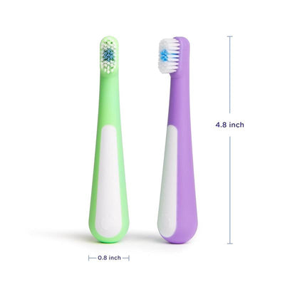 Toddler training toothbrush set featuring a soft-bristled green toothbrush and a purple toothbrush, each 4.8 inches long.