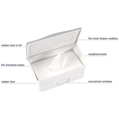Gray Ubbi baby wipes dispenser with a rubber seal lid, weighted plate, and convenient window for easy access to wipes.