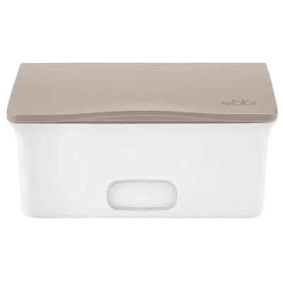 Wipes dispenser in taupe with a secure seal and weighted plate, featuring a clear window for easy access to wipes.