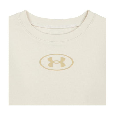 Cream-colored hoodie with a gold Under Armour logo on the front, soft fabric suitable for casual wear.