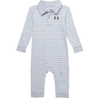 Gray and white striped long-sleeve polo coverall for baby boys, featuring a collar and Under Armour logo on the chest.