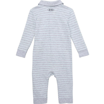 Baby boy coverall in mottled gray with white stripes, featuring a collar and Under Armour logo on the back.
