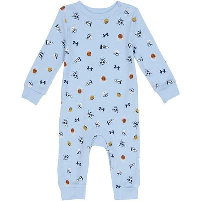 Nimbus blue baby coverall set by Under Armour, featuring playful sports-themed prints and long sleeves.