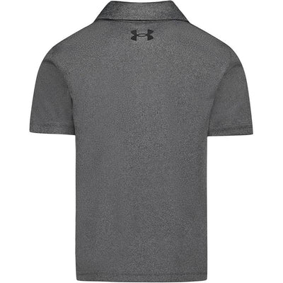 Short sleeve polo shirt for boys in Castlerock gray, featuring a collar and Under Armour logo on the back.