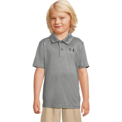 Under Armour Kids gray short sleeve polo with logo, worn by a smiling boy, styled with khaki shorts.