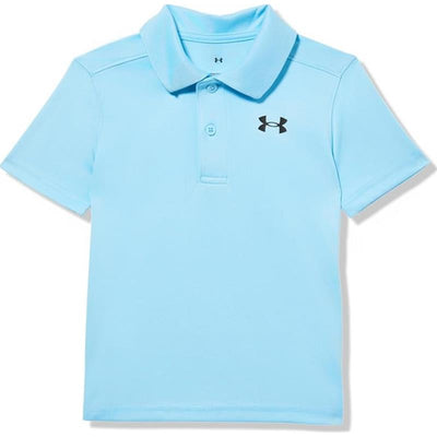 Light blue short sleeve polo shirt for boys, featuring a black Under Armour logo on the chest.