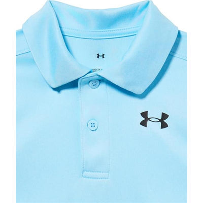 Light blue Under Armour short sleeve polo shirt for kids, featuring a black logo on the chest and a two-button placket.