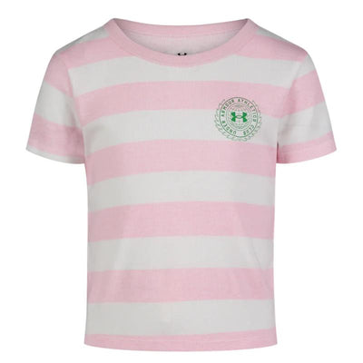 Pink and white striped short-sleeve tee featuring Under Armour Athletics Club logo on the front.