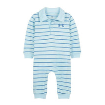 Under Armour Stripe Polo Coverall in Opal Blue, featuring blue and white horizontal stripes and a polo collar.