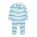 Under Armour Stripe Polo Coverall in Opal Blue, featuring blue and white horizontal stripes and a polo collar.