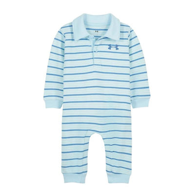 Under Armour Stripe Polo Coverall in Opal Blue, featuring blue and white horizontal stripes and a polo collar.