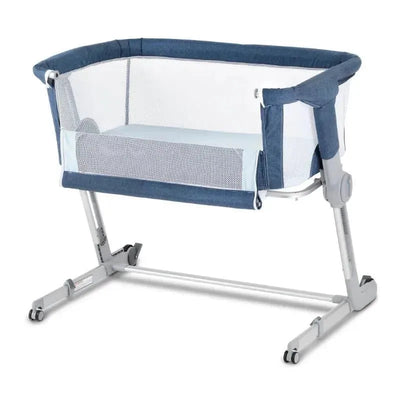3-in-1 bedside sleeper in Airflow Denim Blue, featuring mesh sides, adjustable height, and a sturdy metallic frame.