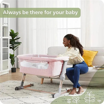 A woman interacts with the Unilove Hug Me Plus 3-in-1 Bedside Sleeper in plum pink, highlighting its bedside function.