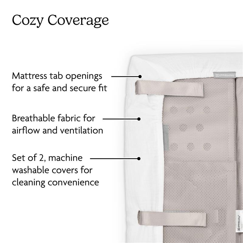 UPPAbaby 2Pk Mattress Covers for Remi V2 Playard, featuring breathable fabric, tab openings, and machine washable convenience.